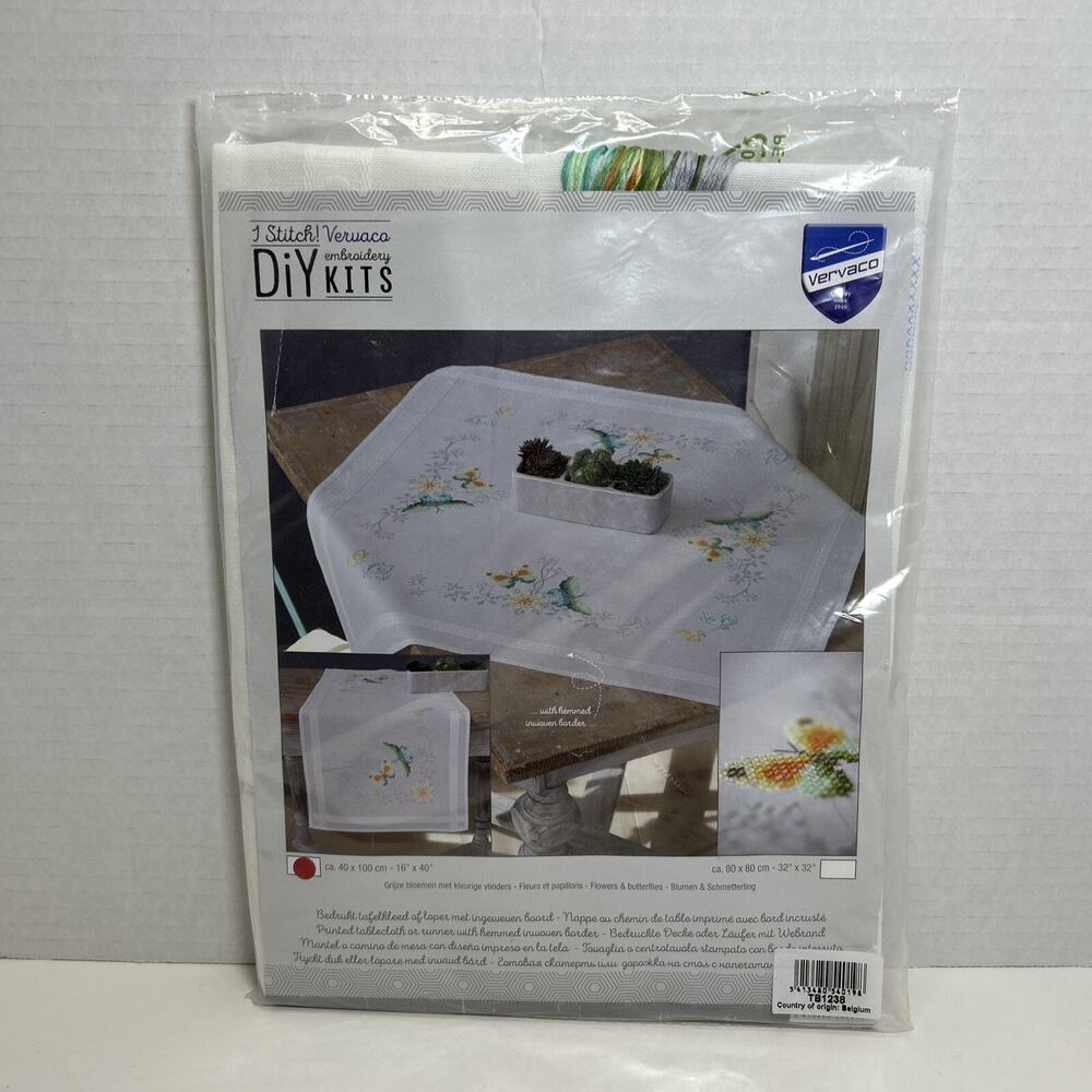 Vervaco Cross Stitch Tablecloth Runner Kit Flowers & Butterflies 16"×40" Belgium